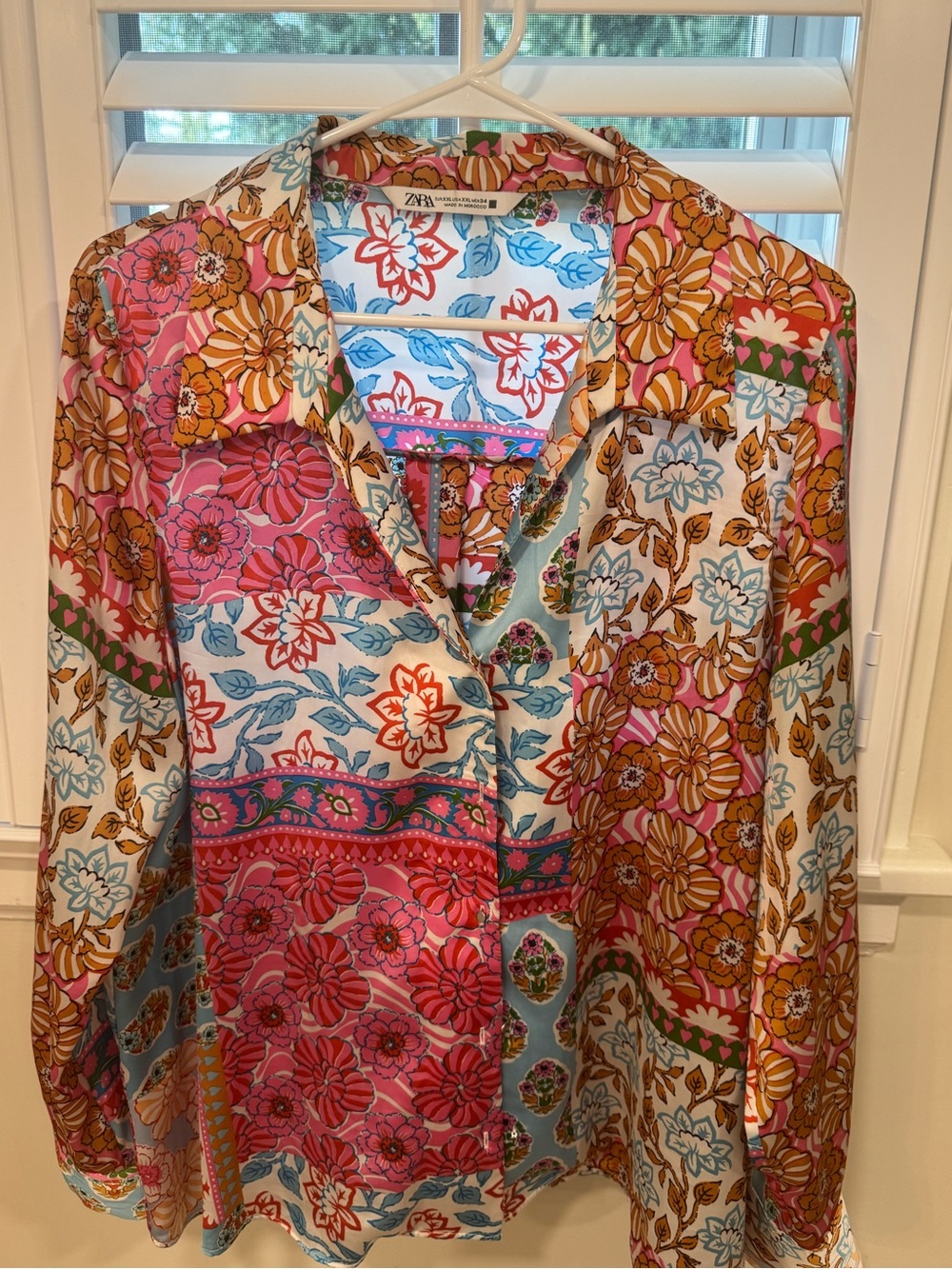 Zara Multicolor Floral Patchwork Button-Down Shirt - Pink, Blue & Gold